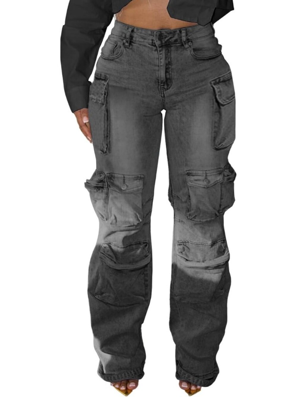 Women's Grey Denim Distressed Rhinestone Y2k High Waisted Wide Leg Cargo Jeans